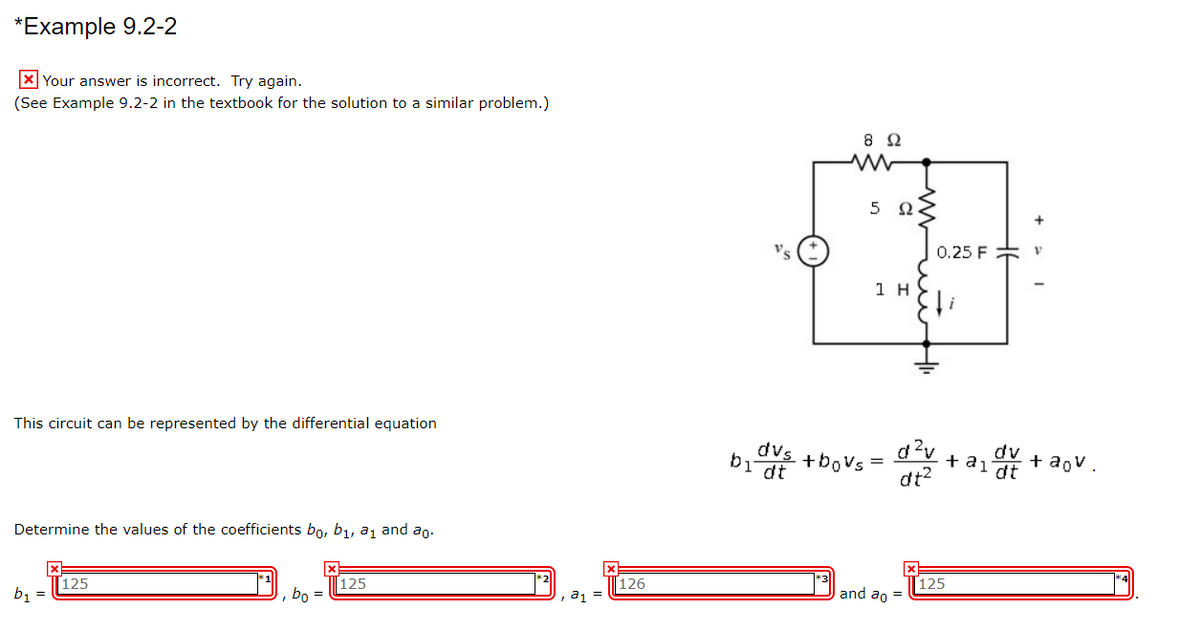 *Example 9.2-2
X Your answer is incorrect. Try again.
(See Example 9.2-2 in the textbook for the solution to a similar problem.)
5 2<
0.25 F
1 H
dv
+ a1 dt
This circuit can be represented by the differential equation
dvs +bovs =
bi dt
+ aov.
dt?
Determine the values of the coefficients bo, b1, a1 and ao.
[125
and ao =
126
125
bo =
125
a1 =
b1
