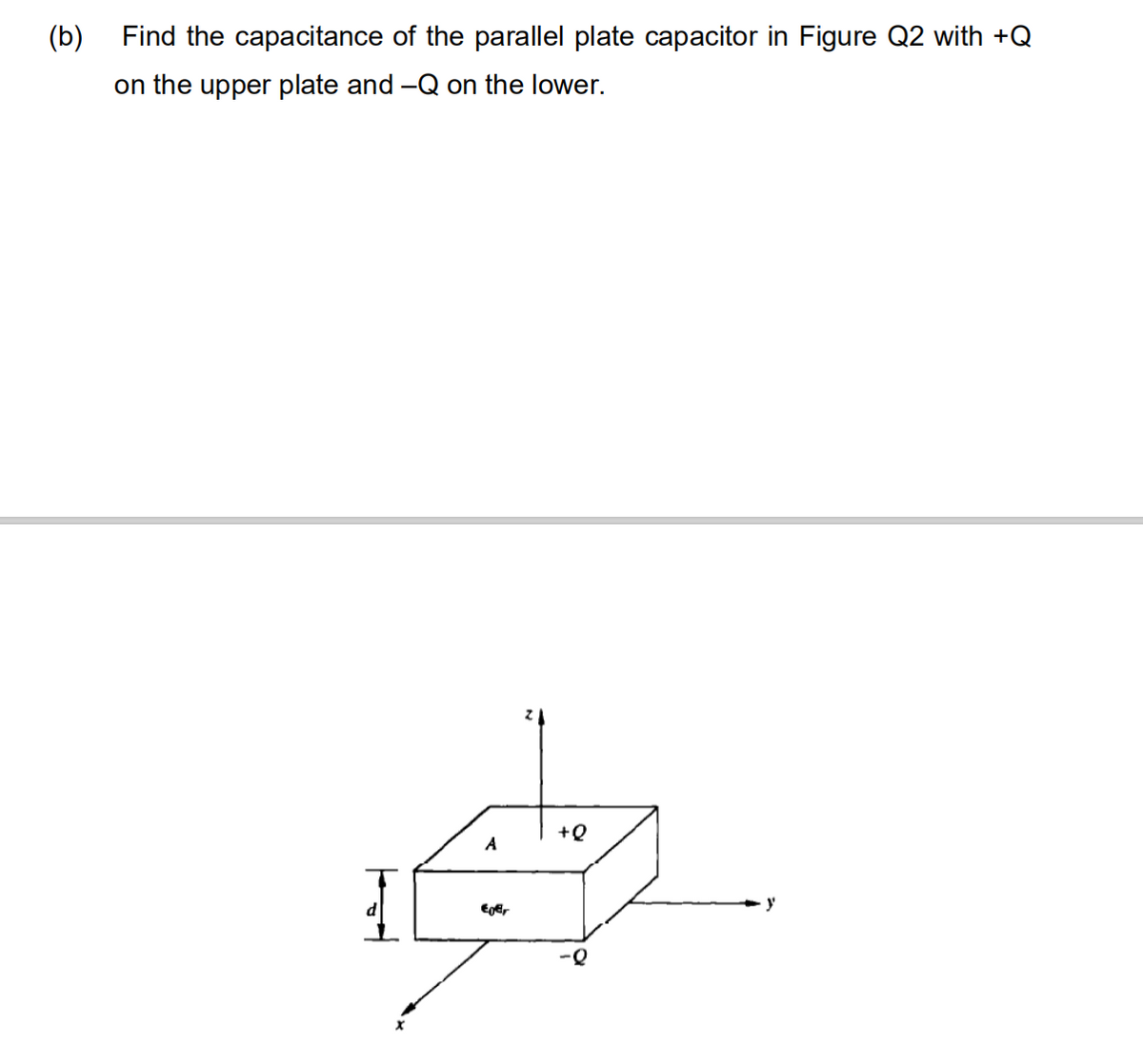 (b)
Find the capacitance of the parallel plate capacitor in Figure Q2 with +Q
on the upper plate and -Q on the lower.
+Q
y
