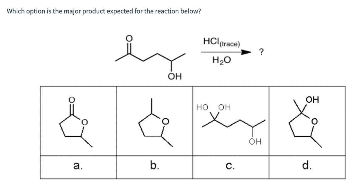 Which option is the major product expected for the reaction below?
&
a.
OH
te
b.
HCI
(trace)
H2O
HO H
c.
?
H
OH
d.