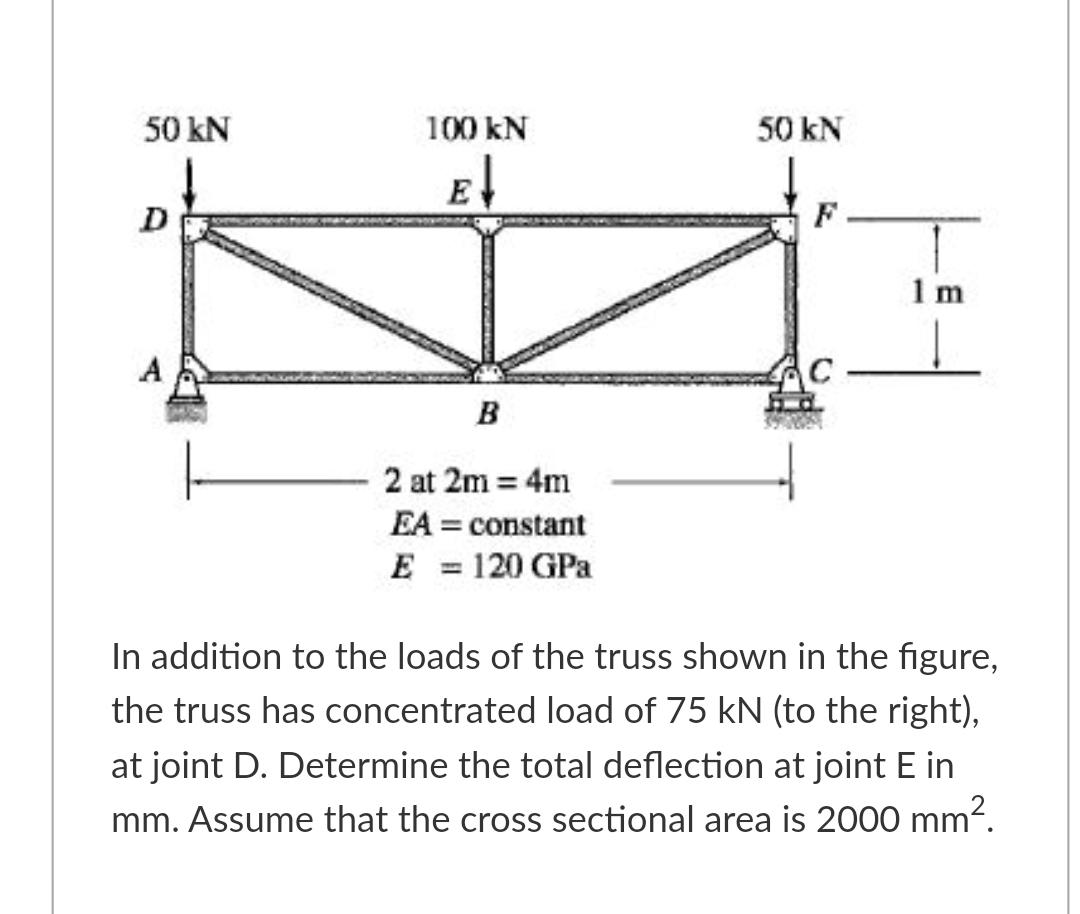 50 kN
100 kN
50 kN
D
F.
1 m
B
2 at 2m = 4m
EA = constant
E = 120 GPa
In addition to the loads of the truss shown in the figure,
the truss has concentrated load of 75 kN (to the right),
at joint D. Determine the total deflection at joint E in
mm. Assume that the cross sectional area is 2000 mm-.
