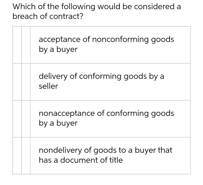 Which of the following would be considered a
breach of contract?
acceptance of nonconforming goods
by a buyer
delivery of conforming goods bya
seller
nonacceptance of conforming goods
by a buyer
nondelivery of goods to a buyer that
has a document of title

