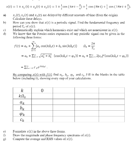 x(t) = 1+x, (t) + x,(t) + x,(t) = 1+cos ( fiz t
cns ( 87 t) + cns (147t +).
x, (t), x2(t) and x, (t) are delayed by different amounts of time (from the origin).
a)
Calculate these delays.
How can you show that x(t) is a periodic signal. Find the fundamental frequency and
period T, uf x(t).
Mathematically explain which harmonics exist and which are nonexistent in x(t).
We know that the Fourier-series expansion of any periodic signal can be given in the
following three fumms:
b)
c)
d)
f(t) = a, +> (ae cos(kl,t) + b, sin(kant)}
k-1
= ao + E, vat + b {cos(klot – o)} = a, + E, 2|c4l?{cos(kh,t – )}
= E-C peikilat
By comparing x(t) with f(t) find a, h, Pk and c. Fill in the blanks in the table
below (including k), showing every slep of your caleulations.
k
klo
br
CK
e)
Fomulate x(t) in the above three forms.
Draw the magnitude and phase frequency spectrums of x(t).
Compute the average and RMS values of x(t).
g)
