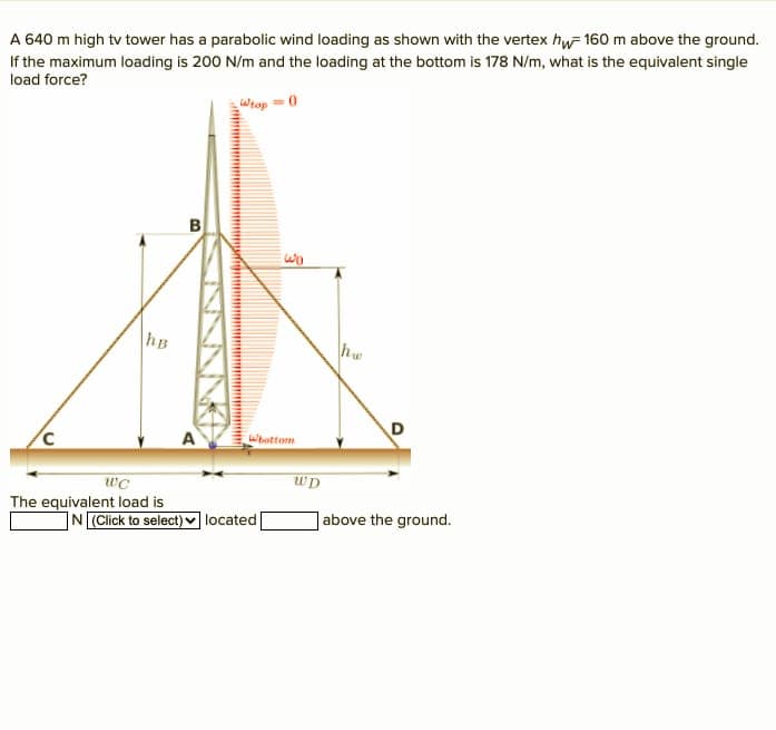 A 640 m high tv tower has a parabolic wind loading as shown with the vertex hw- 160 m above the ground.
If the maximum loading is 200 N/m and the loading at the bottom is 178 N/m, what is the equivalent single
load force?
Wrop = 0
B
hB
hw
D
A
Whottom
wC
The equivalent load is
N(Click to select)- located
]above the ground.
