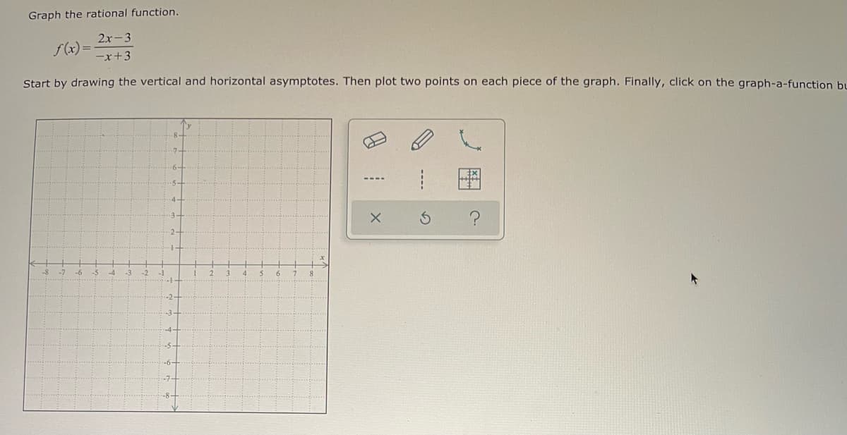 Graph the rational function.
2x-3
f(x) =
ーx+3
Start by drawing the vertical and horizontal asymptotes. Then plot two points on each piece of the graph. Finally, click on the graph-a-function bu
-7
-6
-5
-4
-3
-2
-2-
-5-
-7-
