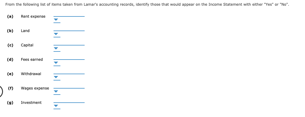 From the following list of items taken from Lamar's accounting records, identify those that would appear on the Income Statement with either "Yes" or "No"
Rent expense
(a)
(b)
Land
(c)
Capital
Fees earned
(d)
(e)
Withdrawal
(f)
Wages expense
(g)
Investment
