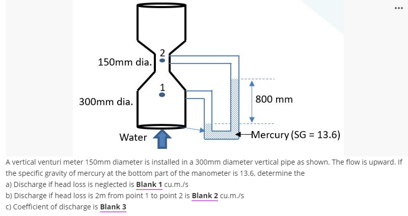 ...
2
150mm dia.
1
300mm dia.
800 mm
Water
Mercury (SG = 13.6)
A vertical venturi meter 150mm diameter is installed in a 300mm diameter vertical pipe as shown. The flow is upward. If
the specific gravity of mercury at the bottom part of the manometer is 13.6, determine the
a) Discharge if head loss is neglected is Blank 1 cu.m./s
b) Discharge if head loss is 2m from point 1 to point 2 is Blank 2 cu.m./s
c) Coefficient of discharge is Blank 3
