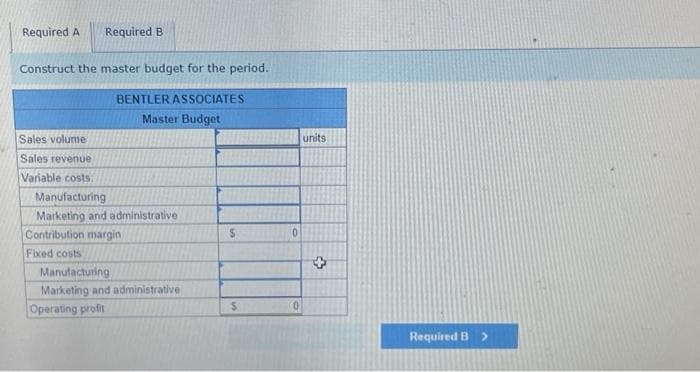 Required A Required B
Construct the master budget for the period.
BENTLER ASSOCIATES
Master Budget
Sales volume
Sales revenue
Variable costs:
Manufacturing
Marketing and administrative
Contribution margin
Fixed costs
Manufacturing
Marketing and administrative
Operating profit
$
0
0
units
+
Required B >