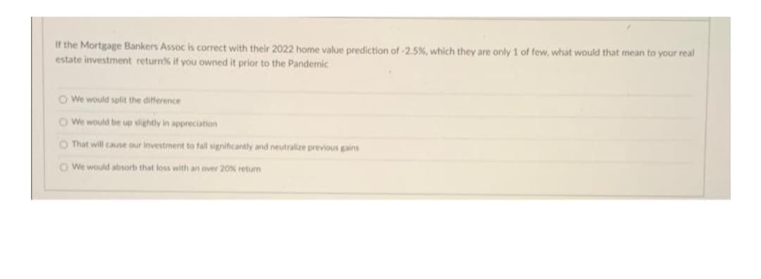 If the Mortgage Bankers Assoc is correct with their 2022 home value prediction of-2.5 %, which they are only 1 of few, what would that mean to your real
estate investment return% if you owned it prior to the Pandemic
O We would split the difference
O We would be up slightly in appreciation
O That will cause our investment to fall significantly and neutralize previous gains
O We would absorb that loss with an over 20% returm
