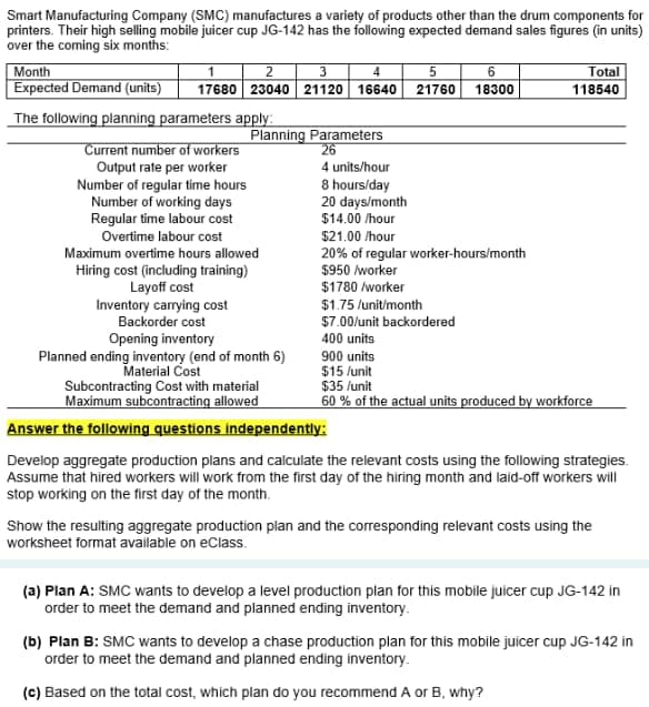 Smart Manufacturing Company (SMC) manufactures a variety of products other than the drum components for
printers. Their high selling mobile juicer cup JG-142 has the following expected demand sales figures (in units)
over the coming six months:
Month
2
3
4
5
Expected Demand (units) 17680 23040 21120 16640 21760
The following planning parameters apply:
Current number of workers
Output rate per worker
Number of regular time hours
Number of working days
Regular time labour cost
Overtime labour cost
Planning Parameters
26
4 units/hour
8 hours/day
20 days/month
Maximum overtime hours allowed
Hiring cost (including training)
Layoff cost
Inventory carrying cost
Backorder cost
Opening inventory
Planned ending inventory (end of month 6)
Material Cost
Subcontracting Cost with material
Maximum subcontracting allowed
$14.00 /hour
$21.00 /hour
6
18300
20% of regular worker-hours/month
$950 /worker
$1780 /worker
$1.75 /unit/month
Total
118540
$7.00/unit backordered
400 units
900 units
$15 /unit
$35 /unit
60% of the actual units produced by workforce
Answer the following questions independently:
Develop aggregate production plans and calculate the relevant costs using the following strategies.
Assume that hired workers will work from the first day of the hiring month and laid-off workers will
stop working on the first day of the month.
Show the resulting aggregate production plan and the corresponding relevant costs using the
worksheet format available on eClass.
(a) Plan A: SMC wants to develop a level production plan for this mobile juicer cup JG-142 in
order to meet the demand and planned ending inventory.
(b) Plan B: SMC wants to develop a chase production plan for this mobile juicer cup JG-142 in
order to meet the demand and planned ending inventory.
(c) Based on the total cost, which plan do you recommend A or B, why?