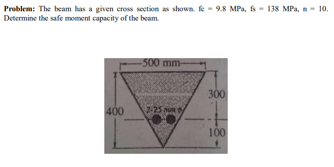 Problem: The beam has a given cross section as shown. fc = 9.8 MPa, fs = 138 MPa, n =
Determine the safe moment capacity of the beam.
10.
%3D
%3D
-500 mm-
300
400
2-25 mim
100
