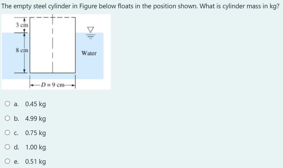 The empty steel cylinder in Figure below floats in the position shown. What is cylinder mass in kg?
3 cm
8 cm
Water
D=9 cm-
O a. 0.45 kg
O b. 4.99 kg
O c. 0.75 kg
O d. 1.00 kg
e. 0.51 kg
