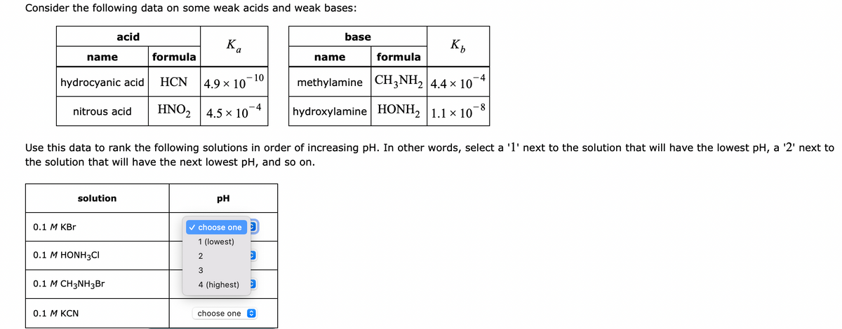 Consider the following data on some weak acids and weak bases:
acid
base
K
K,
name
formula
name
formula
- 10
hydrocyanic acid
HCN
|4.9 × 10
methylamine CH3NH2 |4.4 x 10
HNO, 4.5 x 10¯*
8.
nitrous acid
hydroxylamine HONH, 1.1 x 10
Use this data to rank the following solutions in order of increasing pH. In other words, select a 'l' next to the solution that will have the lowest pH, a '2' next to
the solution that will have the next lowest pH, and so on.
solution
pH
0.1 М КBr
v choose one D
1 (lowest)
0.1 М HONH3CІ
2
3
0.1 М CН3NH3Br
4 (highest)
0.1 М КCN
choose one
