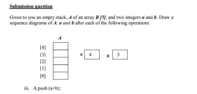 Submission question
Given to you an empty stack, A of an array B [5], and two integers a and b. Draw a
sequence diagrams of A, a and b after each of the following operations:
A
[4]
[31
4
a
[2]
[1]
[0]
iii. A.push (a+b);
3.
