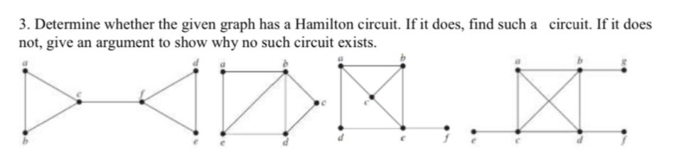 3. Determine whether the given graph has a Hamilton circuit. If it does, find such a circuit. If it does
not, give an argument to show why no such circuit exists.
<D>M.. X
