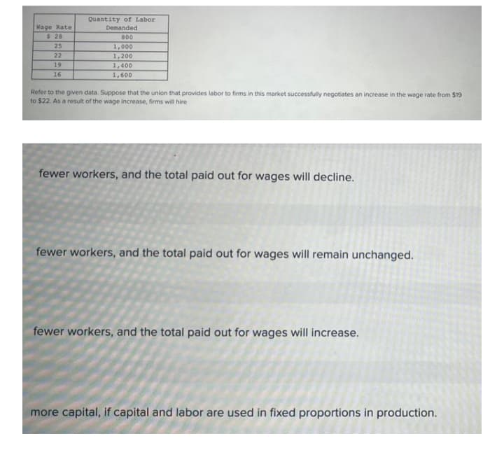 Quantity of Labor
Wage Rate
Demanded
$28
800
25
1,000
22
1,200
19
1,400
16
1,600
Refer to the given data. Suppose that the union that provides labor to firms in this market successfully negotiates an increase in the wage rate from $19
to $22. As a result of the wage increase, firms will hire
fewer workers, and the total paid out for wages will decline.
fewer workers, and the total paid out for wages will remain unchanged.
fewer workers, and the total paid out for wages will increase.
more capital, if capital and labor are used in fixed proportions in production.
