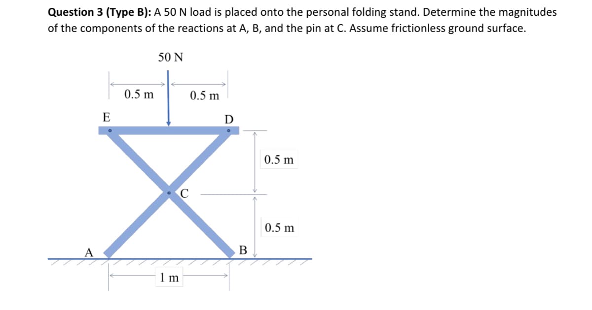 Question 3 (Type B): A 50 N load is placed onto the personal folding stand. Determine the magnitudes
of the components of the reactions at A, B, and the pin at C. Assume frictionless ground surface.
50 N
A
0.5 m
0.5 m
E
D
0.5 m
0.5 m
B
1 m
