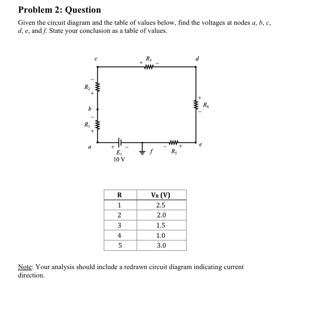 Problem 2: Question
Given the circuit diagram and the table of values below, find the voltages at nodes a, b, c,
d, e, and f. State your conclusion as a table of values.
R₂
b
R₁
+
C
a
+
E₁
10 V
R
1
2
3
4
5
R3
www
= f
www
R₁
VR (V)
2.5
2.0
1.5
1.0
3.0
+
d
+
ww
e
R₁
Note: Your analysis should include a redrawn circuit diagram indicating current
direction.