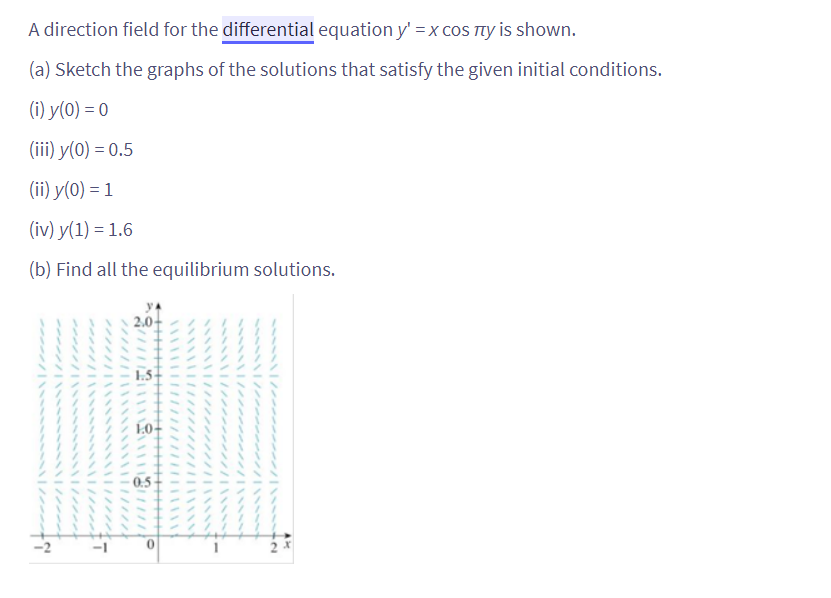 A direction field for the differential equation y' = x cos Пy is shown.
(a) Sketch the graphs of the solutions that satisfy the given initial conditions.
(i) y(0) = 0
(iii) y(0) = 0.5
(ii) y(0) = 1
(iv) y(1) = 1.6
(b) Find all the equilibrium solutions.
1.5