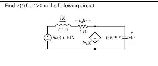 Find v (t) for t >0 in the following circuit.
i(t)
0.1 H
6u(1) + 10 V
- Ug(1) +
ww
4Ω
20₂(1)
0.625 F
:v (1)