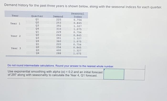 Demand history for the past three years is shown below, along with the seasonal indices for each quarter.
Seasonal
Index
Year
Year 1
Year 2
Year 3
Quarter
Q1
02
03
04
Q1
02
Q3
04
01
Q2
Q3
04
Demand
225
253
392
310
229
242
391
360
220
256
400
288
0.756
0.845
1.327
1.075
0.756
0.845
1.327
1.075
0.756
0.845
1.327
1.075
Do not round intermediate calculations. Round your answer to the nearest whole number.
Use exponential smoothing with alpha (a) = 0.2 and an initial forecast
of 297 along with seasonality to calculate the Year 4, Q1 forecast.