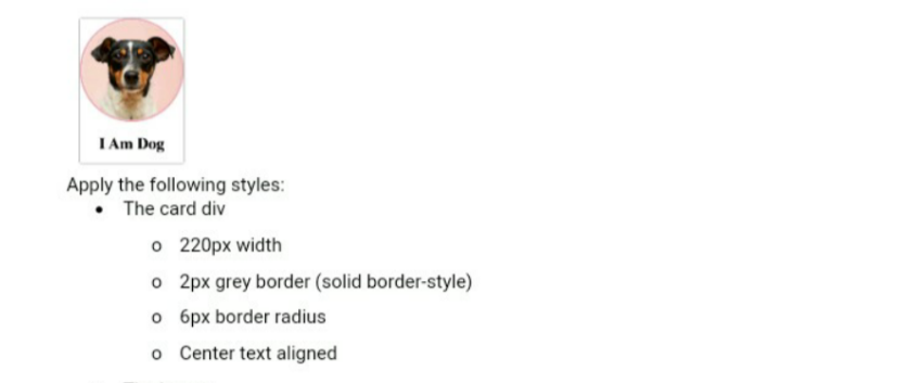 IAm Dog
Apply the following styles:
• The card div
o 220px width
o 2px grey border (solid border-style)
o 6px border radius
o Center text aligned
