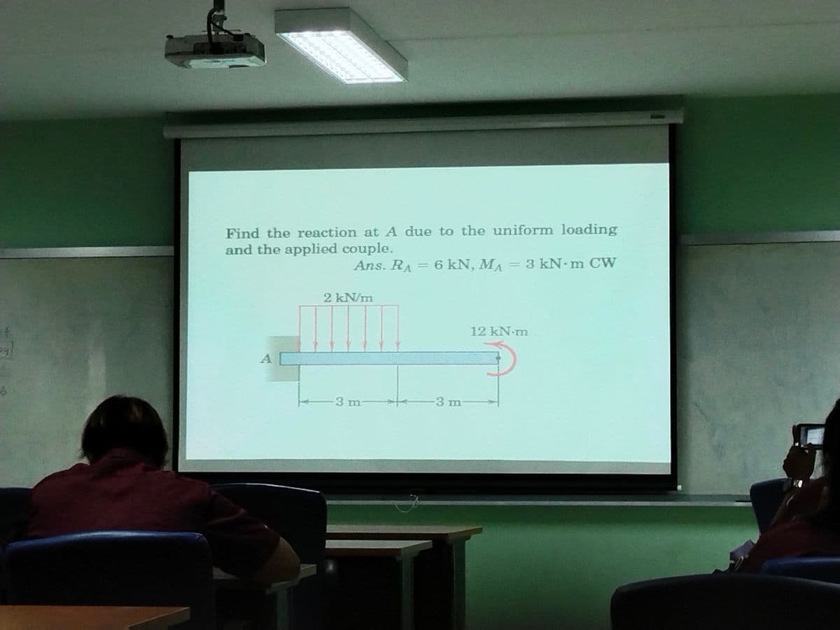 gl
Find the reaction at A due to the uniform loading
and the applied couple.
Ans. RA = 6 kN, MA = 3 kN-m CW
A
2 kN/m
3 m
-3 m
12 kN-m