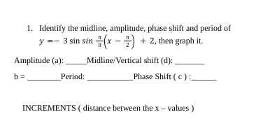 1. Identify the midline, amplitude, phase shift and period of
y =- 3 sin sin(x-1) + 2, then graph it.
Midline/Vertical shift (d):
Amplitude (a):
b=
Period:
Phase Shift (c):
INCREMENTS (distance between the x-values)