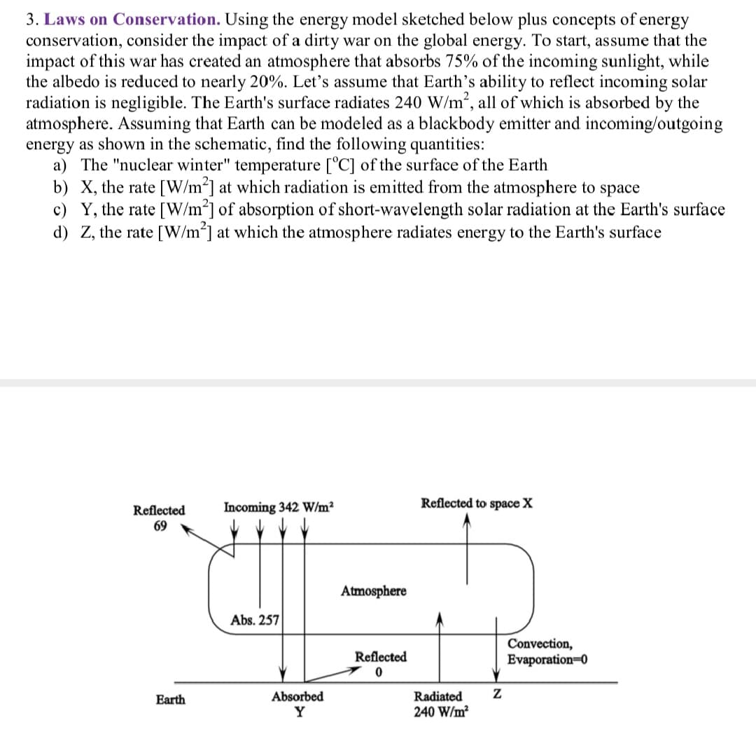 3. Laws on Conservation. Using the energy model sketched below plus concepts of energy
conservation, consider the impact of a dirty war on the global energy. To start, assume that the
impact of this war has created an atmosphere that absorbs 75% of the incoming sunlight, while
the albedo is reduced to nearly 20%. Let's assume that Earth's ability to reflect incoming solar
radiation is negligible. The Earth's surface radiates 240 W/m2, all of which is absorbed by the
atmosphere. Assuming that Earth can be modeled as a blackbody emitter and incoming/outgoing
energy as shown in the schematic, find the following quantities:
a) The "nuclear winter" temperature [°C] of the surface of the Earth
b) X, the rate [W/m²] at which radiation is emitted from the atmosphere to space
c) Y, the rate [W/m²] of absorption of short-wavelength solar radiation at the Earth's surface
d) Z, the rate [W/m2] at which the atmosphere radiates energy to the Earth's surface
Incoming 342 W/m²
Reflected to space X
Reflected
69
Atmosphere
Abs. 257
Convection,
Evaporation-0
Reflected
Absorbed
Y
Earth
Radiated
240 W/m?
