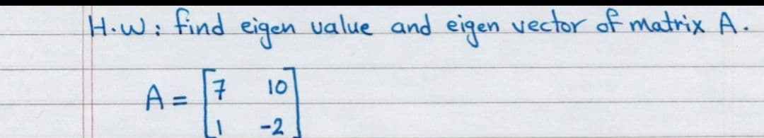 H.Wi find eigen value and eigen vector of matrix A.
A = 7
10
%3D
-2
