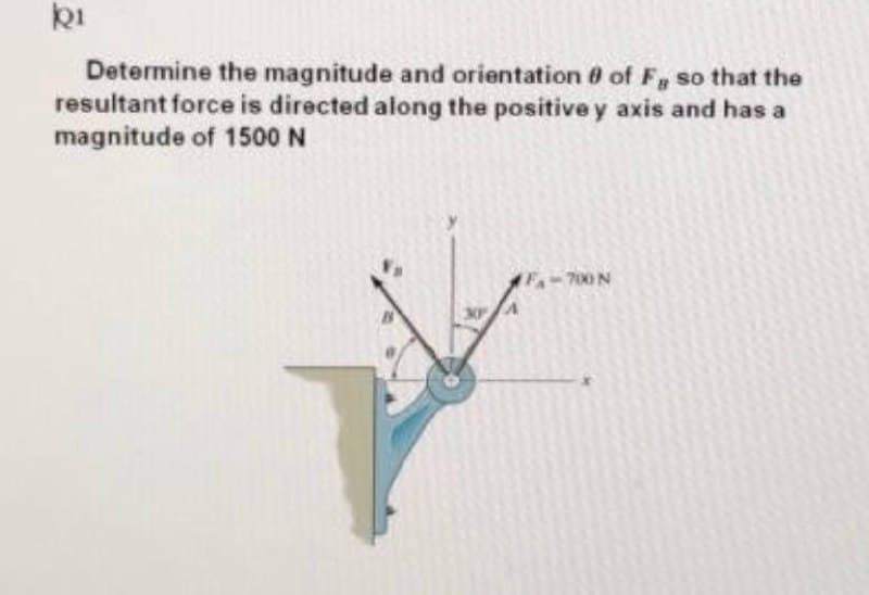 ki
Determine the magnitude and orientation 8 of F so that the
resultant force is directed along the positive y axis and has a
magnitude of 1500 N
1F-700 N
