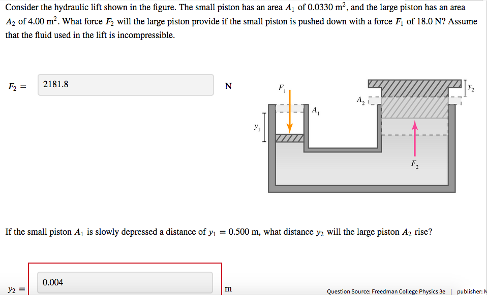 Consider the hydraulic lift shown in the figure. The small piston has an area Aj of 0.0330 m², and the large piston has an area
A2 of 4.00 m². What force F2 will the large piston provide if the small piston is pushed down with a force F¡ of 18.0 N? Assume
that the fluid used in the lift is incompressible.
F2 =
2181.8
N
A,
A,
F,
If the small piston Aj is slowly depressed a distance of y = 0.500 m, what distance y2 will the large piston A2 rise?
0.004
y2 =
m
Question Source: Freedman College Physics 3e | publisher: M
