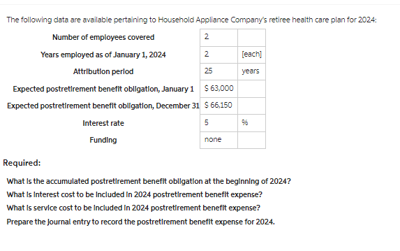 The following data are available pertaining to Household Appliance Company's retiree health care plan for 2024:
Number of employees covered
2
Years employed as of January 1, 2024
Attribution perlod
Expected postretirement benefit obligation, January 1
Expected postretirement benefit obligation, December 31
Interest rate
Funding
2
25
$ 63,000
$ 66,150
5
none
[each]
years
96
Required:
What is the accumulated postretirement benefit obligation at the beginning of 2024?
What Is Interest cost to be included in 2024 postretirement benefit expense?
What is service cost to be included in 2024 postretirement benefit expense?
Prepare the Journal entry to record the postretirement benefit expense for 2024.