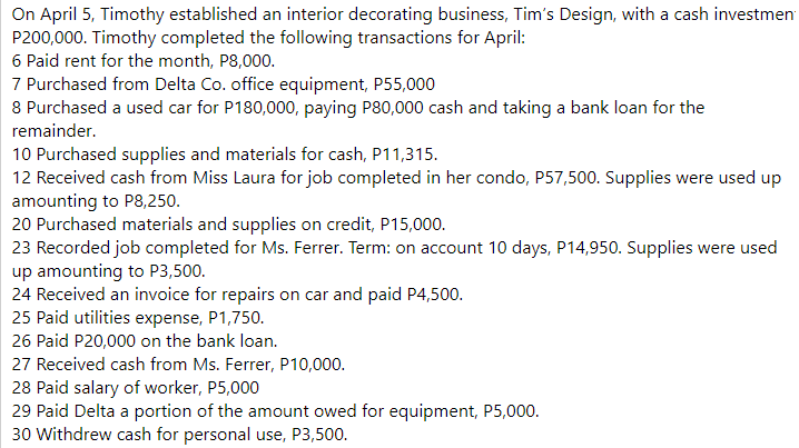 On April 5, Timothy established an interior decorating business, Tim's Design, with a cash investmen
P200,000. Timothy completed the following transactions for April:
6 Paid rent for the month, P8,000.
7 Purchased from Delta Co. office equipment, P55,000
8 Purchased a used car for P180,000, paying P80,000 cash and taking a bank loan for the
remainder.
10 Purchased supplies and materials for cash, P11,315.
12 Received cash from Miss Laura for job completed in her condo, P57,500. Supplies were used up
amounting to P8,250.
20 Purchased materials and supplies on credit, P15,000.
23 Recorded job completed for Ms. Ferrer. Term: on account 10 days, P14,950. Supplies were used
up amounting to P3,500.
24 Received an invoice for repairs on car and paid P4,500.
25 Paid utilities expense, P1,750.
26 Paid P20,000 on the bank loan.
27 Received cash from Ms. Ferrer, P10,000.
28 Paid salary of worker, P5,000
29 Paid Delta a portion of the amount owed for equipment, P5,000.
30 Withdrew cash for personal use, P3,500.
