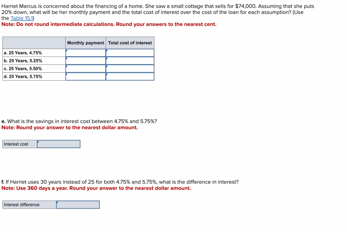 Harriet Marcus is concerned about the financing of a home. She saw a small cottage that sells for $74,000. Assuming that she puts
20% down, what will be her monthly payment and the total cost of interest over the cost of the loan for each assumption? (Use
the Table 15.1)
Note: Do not round intermediate calculations. Round your answers to the nearest cent.
a. 25 Years, 4.75%
b. 25 Years, 5.25%
c. 25 Years, 5.50%
d. 25 Years, 5.75%
e. What is the savings in interest cost between 4.75% and 5.75%?
Note: Round your answer to the nearest dollar amount.
Interest cost
Monthly payment Total cost of interest
f. If Harriet uses 30 years instead of 25 for both 4.75% and 5.75%, what is the difference in interest?
Note: Use 360 days a year. Round your answer to the nearest dollar amount.
Interest difference