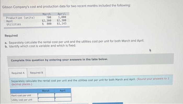 Gibson Company's cost and production data for two recent months included the following:
March
April
700
1,000
$2,300
$2,300
$ 800 $1,143
Production (units)
Rent
Utilities
Required
a. Separately calculate the rental cost per unit and the utilities cost per unit for both March and April.
b. Identify which cost is variable and which is fixed.
Complete this question by entering your answers in the tabs below.
Required A Required B
Separately calculate the rental cost per unit and the utilities cost per unit for both March and April. (Round your answers to 2
decimal places.)
Rent cost per unit
Utility cost per unit
March
April