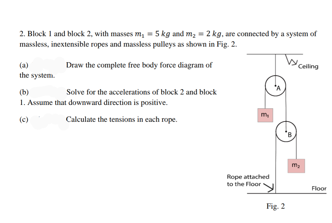 2. Block 1 and block 2, with masses mị = 5 kg and m2 = 2 kg, are connected by a system of
massless, inextensible ropes and massless pulleys as shown in Fig. 2.
(a)
Draw the complete free body force diagram of
Ceiling
the system.
(b)
Solve for the accelerations of block 2 and block
1. Assume that downward direction is positive.
m,
(c)
Calculate the tensions in each rope.
m2
Rope attached
to the Floor
Floor
Fig. 2
