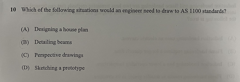 quinsbied om
10 Which of the following situations would an engineer need to draw to AS 1100 standards?
Soud ai untvollot st
(A) Designing a house plan
(B) Detailing beams
(C) Perspective drawings
(D) Sketching a prototype
ovus ordools as sau griasised nailorbal (A)
Kouth rapsup
bad smell (8)
Rodoutal (3)