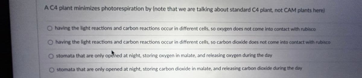 A C4 plant minimizes photorespiration by (note that we are talking about standard C4 plant, not CAM plants here)
O having the light reactions and carbon reactions occur in different cells, so oxygen does not come into contact with rubisco
O having the light reactions and carbon reactions occur in different cells, so carbon dioxide does not come into contact with rubisco
O stomata that are only opened at night, storing oxygen in malate, and releasing oxygen during the day
O stomata that are only opened at night, storing carbon dioxide in malate, and releasing carbon dioxide during the day