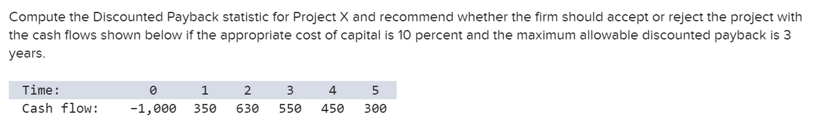 Compute the Discounted Payback statistic for Project X and recommend whether the firm should accept or reject the project with
the cash flows shown below if the appropriate cost of capital is 10 percent and the maximum allowable discounted payback is 3
years.
Time:
2
4
5
Cash flow:
-1,000
350
630
550
450
300
