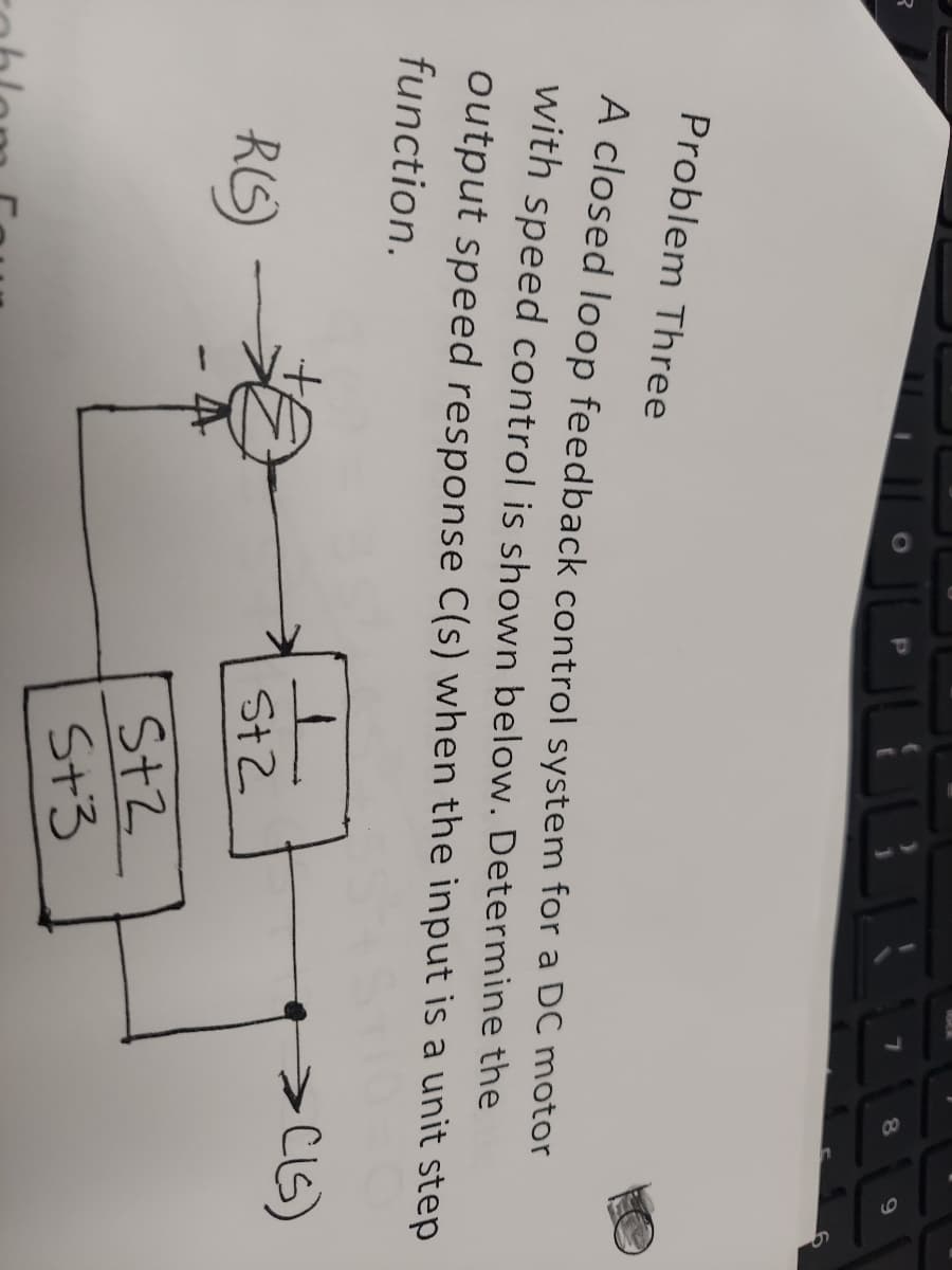 R
St2
7
S+2
5+3
8
Problem Three
A closed loop feedback control system for a DC motor
with speed control is shown below. Determine the
output speed response C(s) when the input is a unit step
function.
- CLS)
R(S)
9