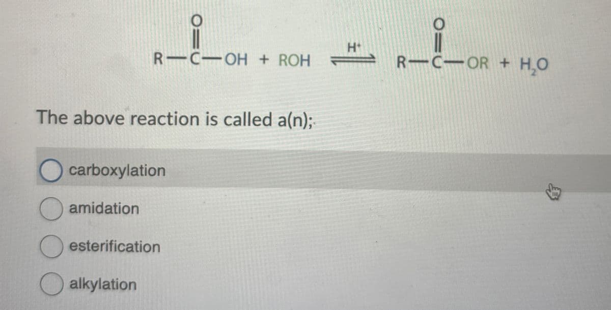 R C-OH + ROH
O=
H+
R-C OR H₂O
=1
The above reaction is called a(n);
☐ carboxylation
☐ amidation
☐ esterification
☐ alkylation