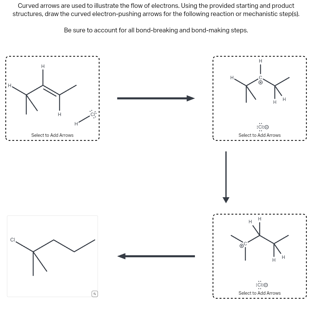 Curved arrows are used to illustrate the flow of electrons. Using the provided starting and product
structures, draw the curved electron-pushing arrows for the following reaction or mechanistic step(s).
Be sure to account for all bond-breaking and bond-making steps.
CI
H
H
Select to Add Arrows
Q
H
H
C
→
:CI:O
Select to Add Arrows
H
H
H
HH
:CI:0
Select to Add Arrows