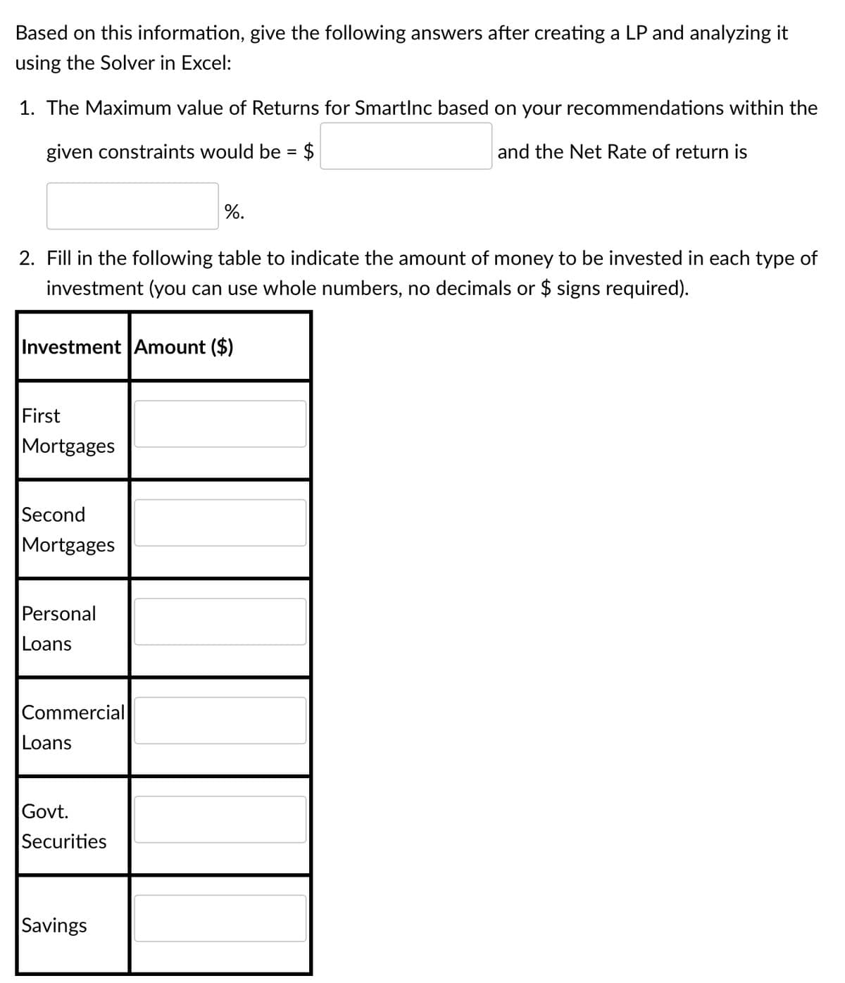 Based on this information, give the following answers after creating a LP and analyzing it
using the Solver in Excel:
1. The Maximum value of Returns for SmartInc based on your recommendations within the
given constraints would be = $
and the Net Rate of return is
%.
2. Fill in the following table to indicate the amount of money to be invested in each type of
investment (you
use whole numbers,
decimals or $ signs required).
Investment Amount ($)
First
Mortgages
Second
Mortgages
Personal
Loans
Commercial
Loans
Govt.
Securities
Savings
