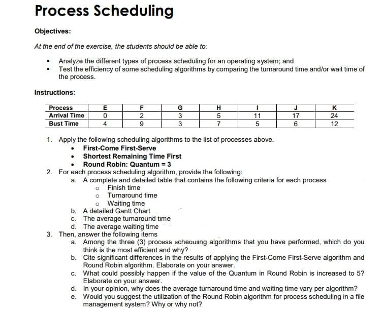 Process Scheduling
Objectives:
At the end of the exercise, the students should be able to:
• Analyze the different types of process scheduling for an operating system; and
Test the efficiency of some scheduling algorithms by comparing the turnaround time and/or wait time of
the process.
Instructions:
Process
Arrival Time
Bust Time
E
F
G
H
J
K
3
11
17
24
4
7
6
12
1. Apply the following scheduling algorithms to the list of processes above.
First-Come First-Serve
• Shortest Remaining Time First
Round Robin: Quantum = 3
2. For each process scheduling algorithm, provide the following:
a. A complete and detailed table that contains the following criteria for each process
o Finish time
o Turnaround time
o Waiting time
b. A detailed Gantt Chart
c. The average turnaround time
d. The average waiting time
3. Then, answer the following items
a. Among the three (3) process scheauling algorithms that you have performed, which do you
think is the most efficient and why?
b. Cite significant differences in the results of applying the First-Come First-Serve algorithm and
Round Robin algorithm. Elaborate on your answer.
c. What could possibly happen if the value of the Quantum in Round Robin is increased to 5?
Elaborate on your answer.
d. In your opinion, why does the average turnaround time and waiting time vary per algorithm?
e. Would you suggest the utilization of the Round Robin algorithm for process scheduling in a file
management system? Why or why not?
