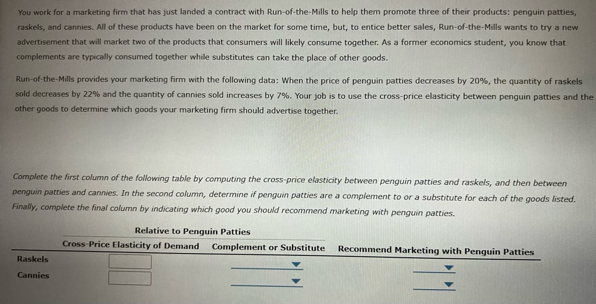 You work for a marketing firm that has just landed a contract with Run-of-the-Mills to help them promote three of their products: penguin patties,
raskels, and cannies. All of these products have been on the market for some time, but, to entice better sales, Run-of-the-Mills wants to try a new
advertisement that will market two of the products that consumers will likely consume together. As a former economics student, you know that
complements are typically consumed together while substitutes can take the place of other goods.
Run-of-the-Mills provides your marketing firm with the following data: When the price of penguin patties decreases by 20%, the quantity of raskels
sold decreases by 22% and the quantity of cannies sold increases by 7%. Your job is to use the cross-price elasticity between penguin patties and the
other goods to determine which goods your marketing firm should advertise together.
Complete the first column of the following table by computing the cross-price elasticity between penguin patties and raskels, and then between
penguin patties and cannies. In the second column, determine if penguin patties are a complement to or a substitute for each of the goods listed.
Finally, complete the final column by indicating which good you should recommend marketing with penguin patties.
Relative to Penguin Patties
Cross-Price Elasticity of Demand
Complement or Substitute
Recommend Marketing with Penguin Patties
Raskels
Cannies
