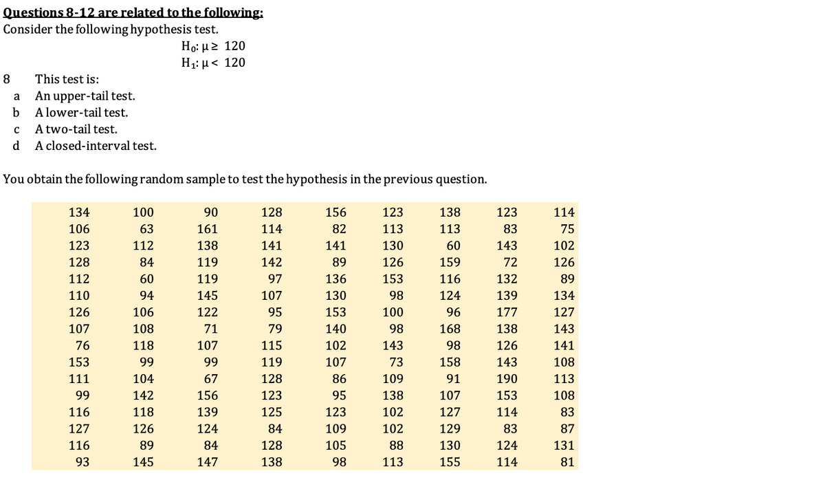 Questions 8-12 are related to the following:
Consider the following hypothesis test.
Ho: μ 2 120
H1: µ< 120
8
This test is:
An upper-tail test.
A lower-tail test.
a
A two-tail test.
d
A closed-interval test.
You obtain the following random sample to test the hypothesis in the previous question.
134
100
90
128
156
123
138
123
114
106
63
161
114
82
113
113
83
75
123
112
138
141
141
130
60
143
102
128
84
119
142
89
126
159
72
126
112
60
119
97
136
153
116
132
89
110
94
145
107
130
98
124
139
134
126
106
122
95
153
100
96
177
127
107
108
71
79
140
98
168
138
143
76
118
107
115
102
143
98
126
141
153
99
99
119
107
73
158
143
108
111
104
67
128
86
109
91
190
113
99
142
156
123
95
138
107
153
108
116
118
139
125
123
102
127
114
83
127
126
124
84
109
102
129
83
87
116
89
84
128
105
88
130
124
131
93
145
147
138
98
113
155
114
81
