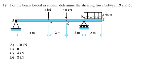 18. For the beam loaded as shown, determine the shearing froce between B and C.
4 KN
10 KN
2 kN/m
↓
E
4 m
2 m
A) -10 KN
B) 0
C) 4 KN
D) 8 KN
2 m
2 m