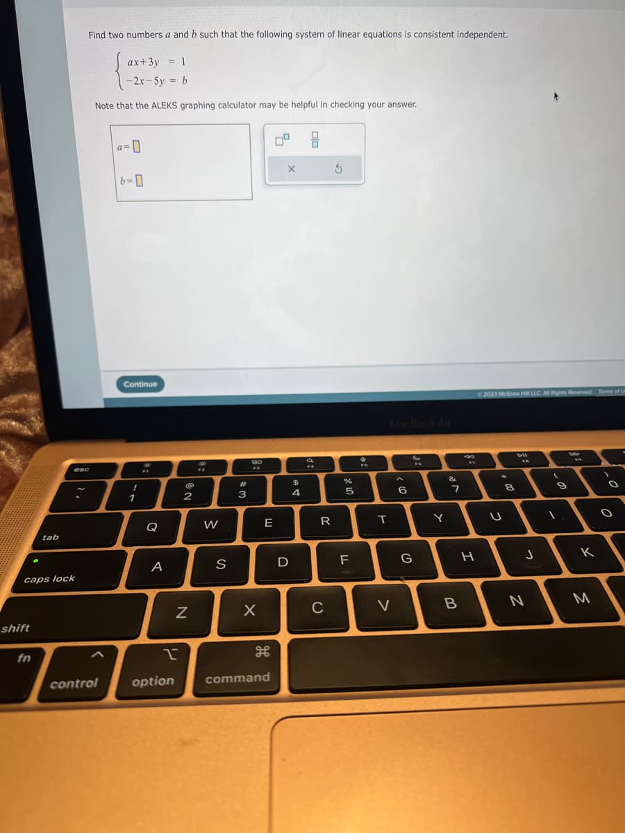 shift
tab
caps lock
fn
Find two numbers a and b such that the following system of linear equations is consistent independent.
ax+3y = 1
-2x-5y = b
Note that the ALEKS graphing calculator may be helpful in checking your answer.
esc
control
a=0
b=0
Continue
!
1
Q
A
2
option
NO
2
N
F2
W
S
#3
80
F3
X
E
command
5
X
D
$
4
a
F4
R
C
3
%
5
TI
F
♥
MacBook Air
T
V
6
G
56
Y
&
7
B
FT
H
© 2023 McGraw Hill LLC. All Rights Reserved. Terms of U
U
8
FO
J
N
9
I
K
M
O
O