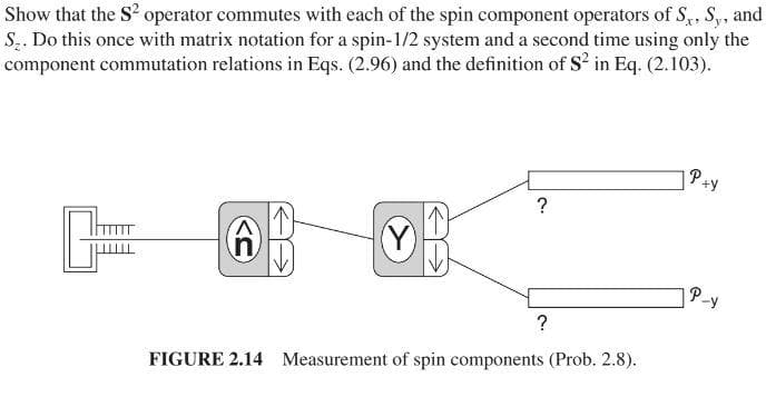 Show that the S² operator commutes with each of the spin component operators of S., S., and
S₂. Do this once with matrix notation for a spin-1/2 system and a second time using only the
component commutation relations in Eqs. (2.96) and the definition of S² in Eq. (2.103).
+
n
(Y)
?
?
FIGURE 2.14 Measurement of spin components (Prob. 2.8).
P.
+y
P-Y