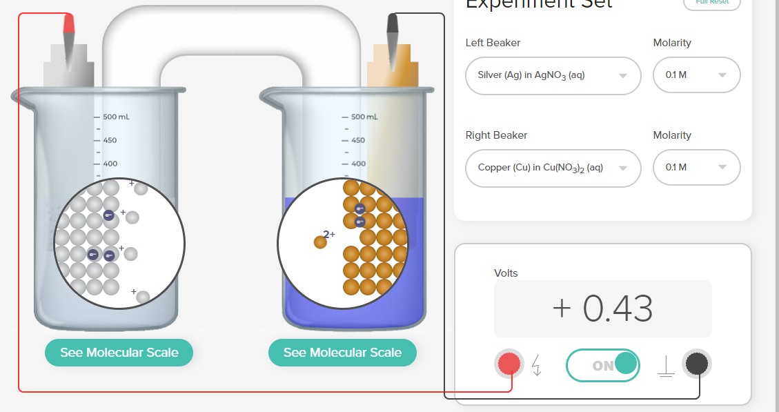 - 500 mL
- 450
- 400
See Molecular Scale
- 500 mL
450
400
See Molecular Scale
Left Beaker
Silver (Ag) in AgNO3(aq)
Right Beaker
Copper (Cu) in Cu(NO3)2 (aq)
Volts
5
+ 0.43
ON
Molarity
0.1 M
Molarity
0.1 M
Reser